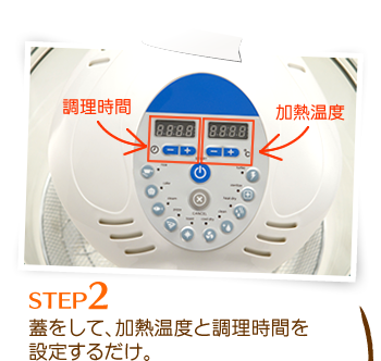 STEP2：蓋をして、加熱温度と調理時間を設定するだけ。